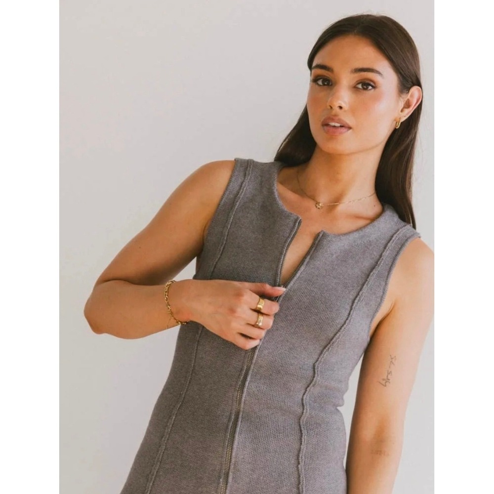 Böhme Gray Zip Front Sleeveless Knit Sweater Mini Dress L NWOT Layering Fall
